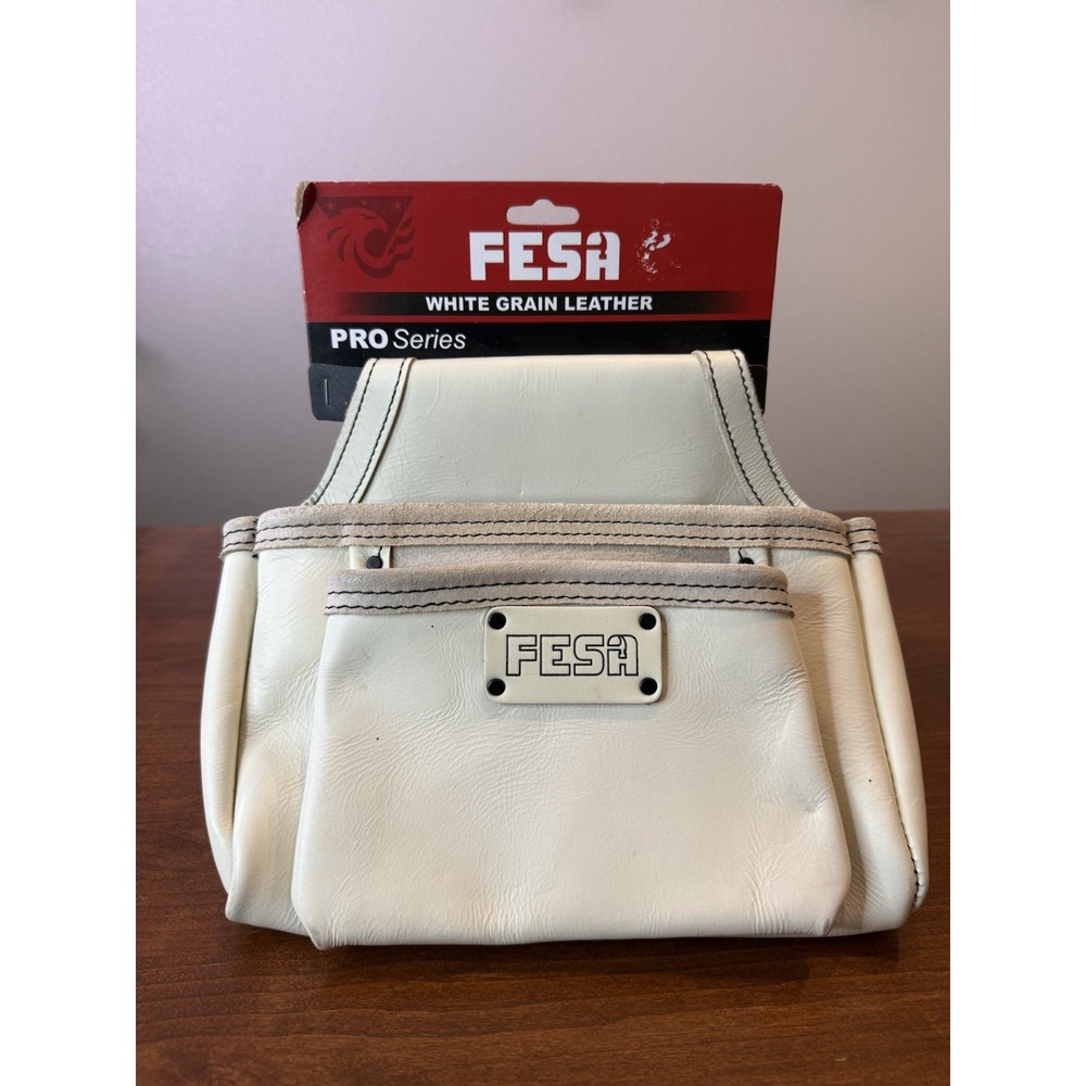 New FESA Pro Leather Nail Pouch 2 Pocket Top Grain Tool Belt 3" Fastener White